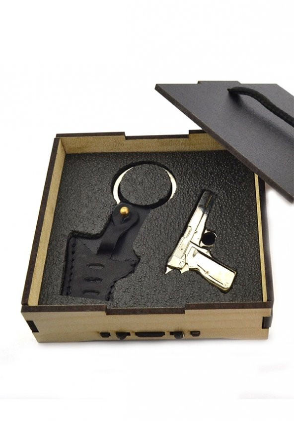 Deri Kılıflı Metal Anahtarlık Ahşap Kutulu (Nikel) - 2