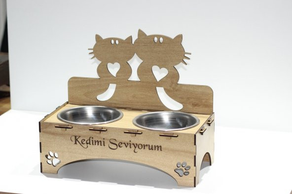 Kediler İçin Özel Yapım Lazer Kesim Çiftli Ahşap Mama Ünitesi - 3