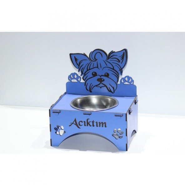 Köpekler İçin Özel Yapım Lazer Kesim Tekli Ahşap Mama Ünitesi Mavi