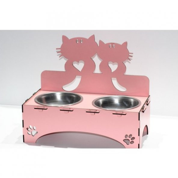 Kediler İçin Özel Yapım Lazer Kesim Çiftli Ahşap Mama Ünitesi Pembe
