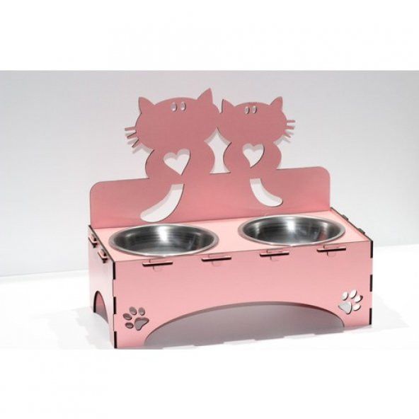 Kediler İçin Özel Yapım Lazer Kesim Çiftli Ahşap Mama Ünitesi Pembe - 2