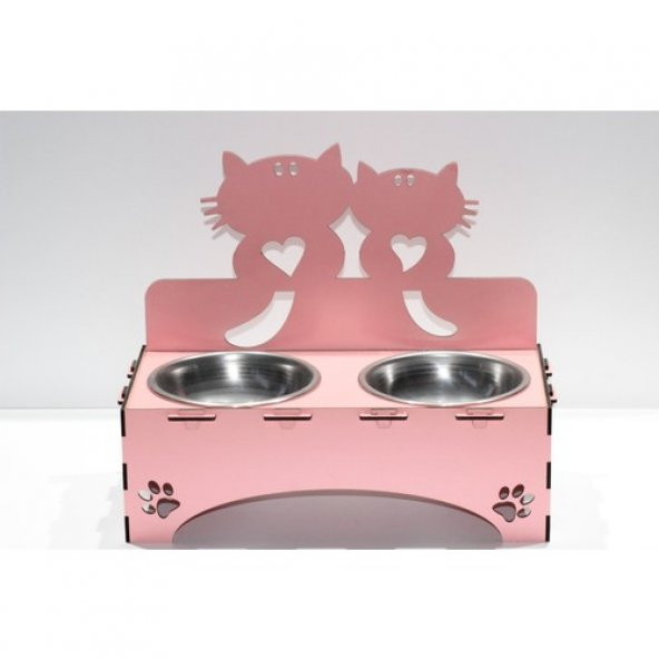 Kediler İçin Özel Yapım Lazer Kesim Çiftli Ahşap Mama Ünitesi Pembe - 3