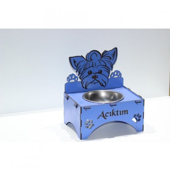 Köpekler İçin Özel Yapım Lazer Kesim Tekli Ahşap Mama Ünitesi Mavi - 2
