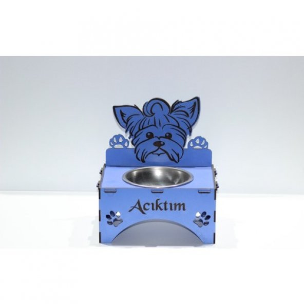 Köpekler İçin Özel Yapım Lazer Kesim Tekli Ahşap Mama Ünitesi Mavi - 3