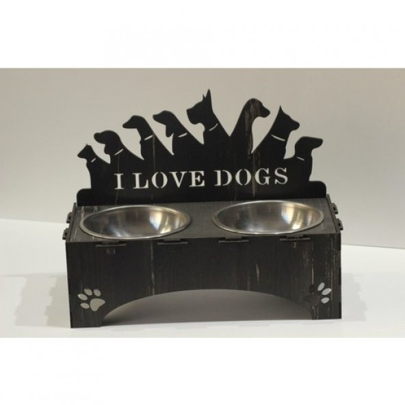 Köpekler İçin Özel Yapım Lazer Kesim Çiftli Ahşap Mama Ünitesi Siyah