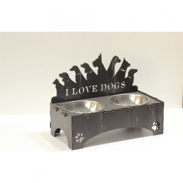 Köpekler İçin Özel Yapım Lazer Kesim Çiftli Ahşap Mama Ünitesi Siyah - 2