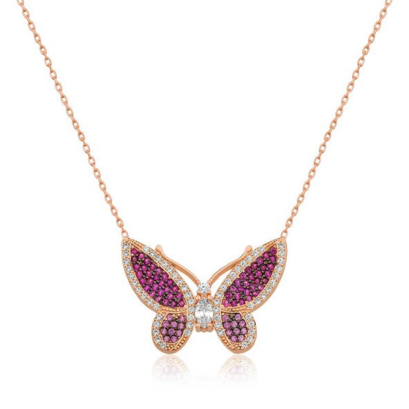 925 Ayar Gümüş Pembe Kelebek Kadın Gümüş Kolye ürün görseli
