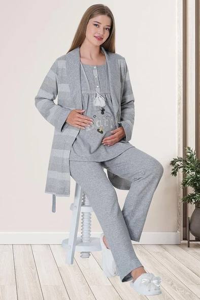 Mecit 5713 Bayan Hamile Lohusa Gri Sabahlıklı Pijama Takımı