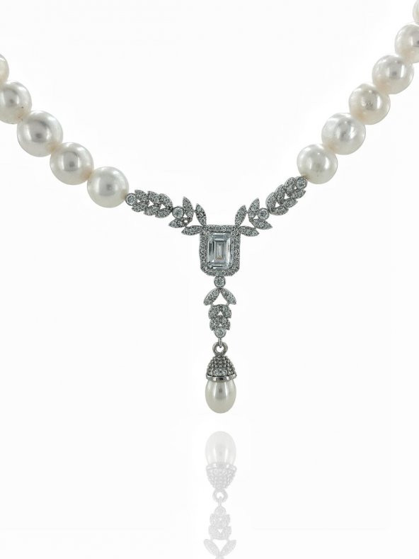 Baget Zirkon Pırlanta Model 925 Gümüş İnci Gerdanlık Kolye - 2