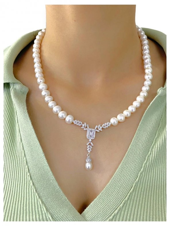 Baget Zirkon Pırlanta Model 925 Gümüş İnci Gerdanlık Kolye - 3