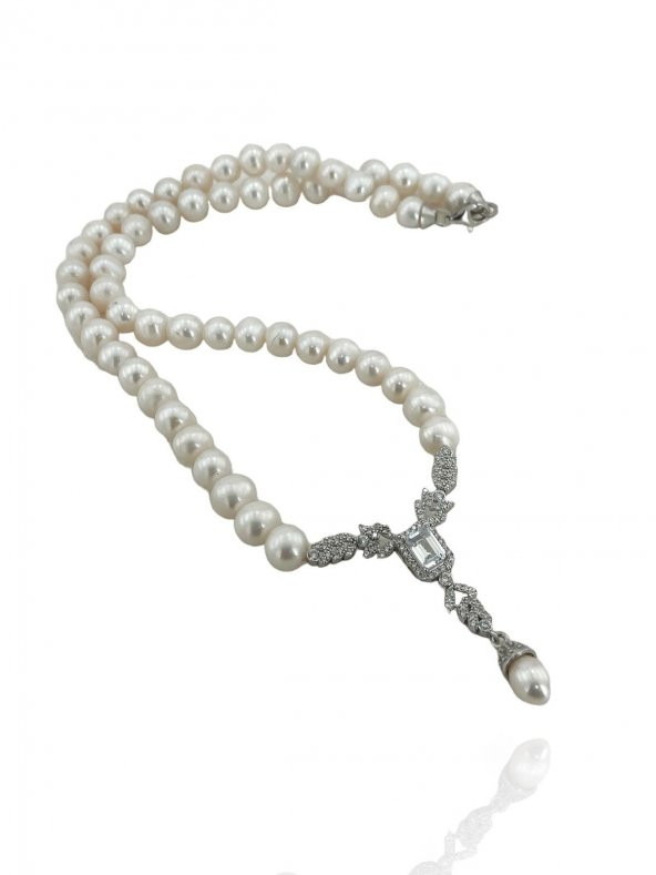 Baget Zirkon Pırlanta Model 925 Gümüş İnci Gerdanlık Kolye - 4