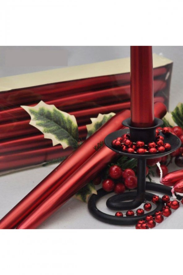 Kırmızı Varaklı Metalik Renk Silindir Konik Şamdan  2li 2x25 cm 2 Adet