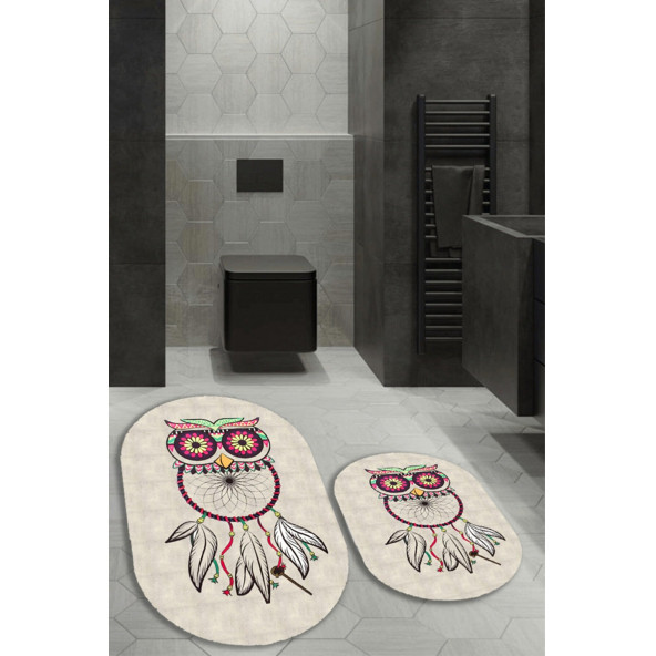 Renkli Baykuş Desenli 2'li Banyo Halı Takımı 40x60/60x100 BNY-105