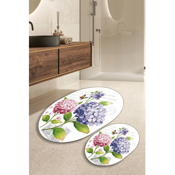 Pembe Mor Çiçek Desenli 2'li Banyo Halı Takımı 40x60/60x100 BNY-103