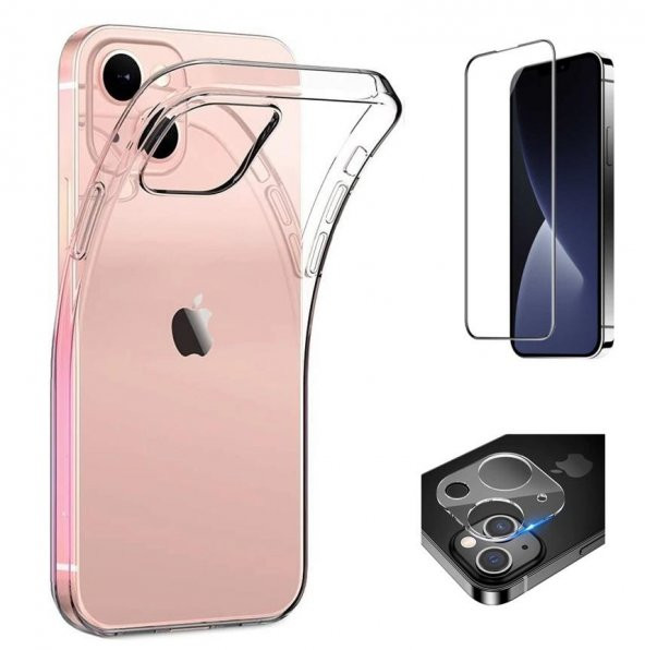 Vendas iPhone 14 Plus Uyumlu (14 Plus) Kamera Çıkıntılı Soft Silikon Kılıf + Cam Ekran Koruyucu + Kamera Lens Koruyucu