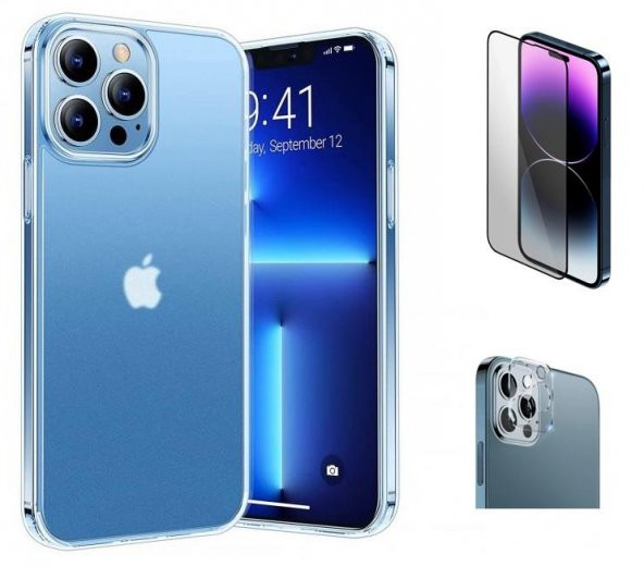 Vendas iPhone 14 Pro Uyumlu (14 Pro) Kamera Çıkıntılı Soft Silikon Kılıf + Cam Ekran Koruyucu + Kamera Lens Koruyucu