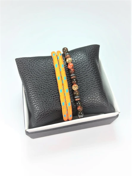 JTSS22KOB1083 JANTİ PARAŞÜT İP ÖRME ve AKİK HEMATİT DOĞAL TAŞ KOMBİN BİLEKLİK KUTULU - Resim 4