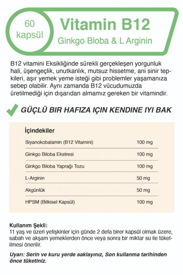 Vitamin B12 Ginkgo Biloba Kapsül L-arginin 500mg 60 Kapsül - 4