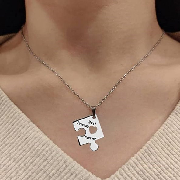 4 Lü Yapboz Best Friend Forever  Kalpli Kolye  Hediyelik Aksesuar Şık - 3