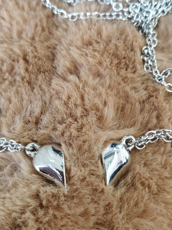 Gri Iki Adet Mıknatıslı Kalp Sevgili Metal Kolye Hediyelik Aksesuar Şık - 2