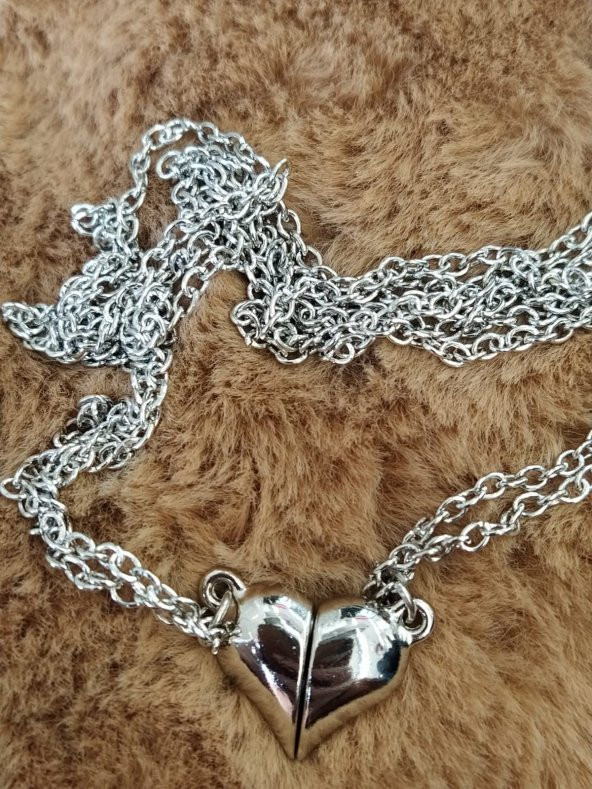 Gri Iki Adet Mıknatıslı Kalp Sevgili Metal Kolye Hediyelik Aksesuar Şık - 3