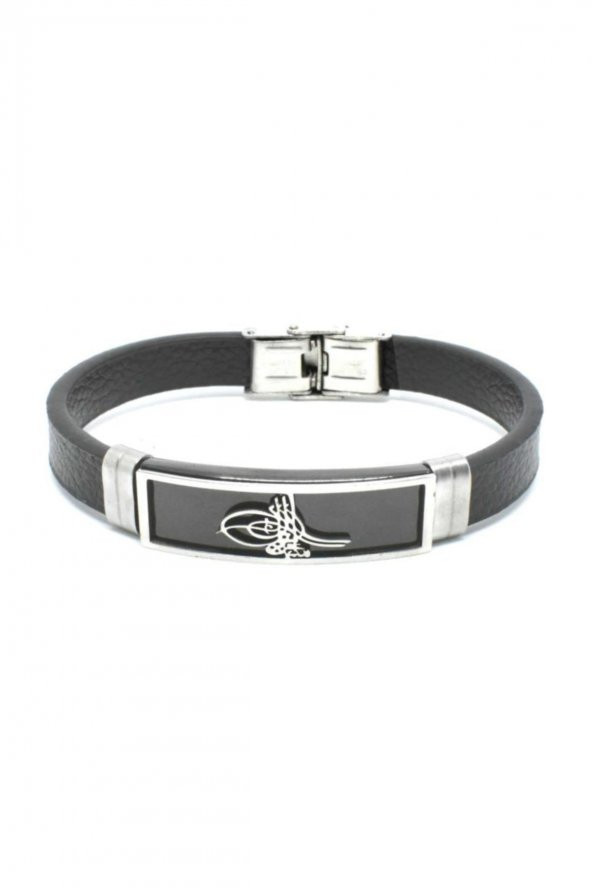 Deri Osmanlı Tuğralı Erkek Çelik Bileklik