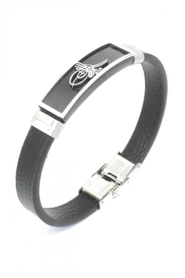 Deri Osmanlı Tuğralı Erkek Çelik Bileklik - 2