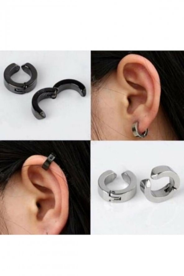 Deliksiz Sıkıştırmalı Çelik Küpe Ister Tek Ister Çift Alabilir Siyah Tek