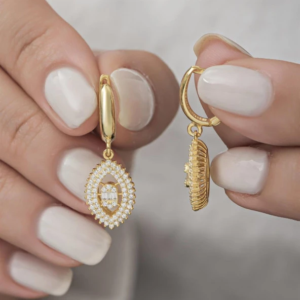 Altın Kaplama Elips Model 925 Gümüş Küpe - 3