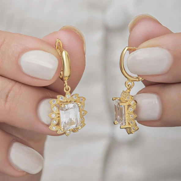 Zirkon Baget Taşlı Altın Kaplama 925 Gümüş Küpe - 12