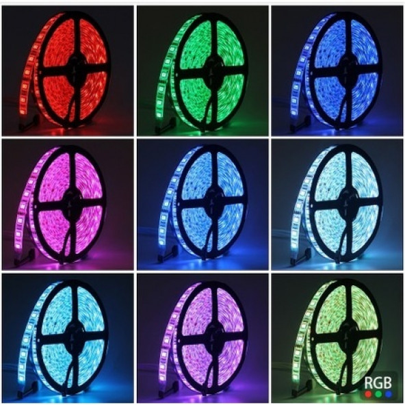 RGB ŞERİT LED 3 ÇİPLİ İÇ MEKAN - SESE DUYARLI KONTROL PANELİ - UZAKTAN KUMANDA - ADAPTÖR - 5 METRE