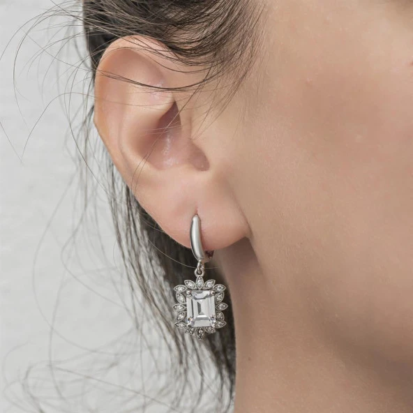 Zirkon Baget Taşlı 925 Sallantılı Gümüş Küpe - 5