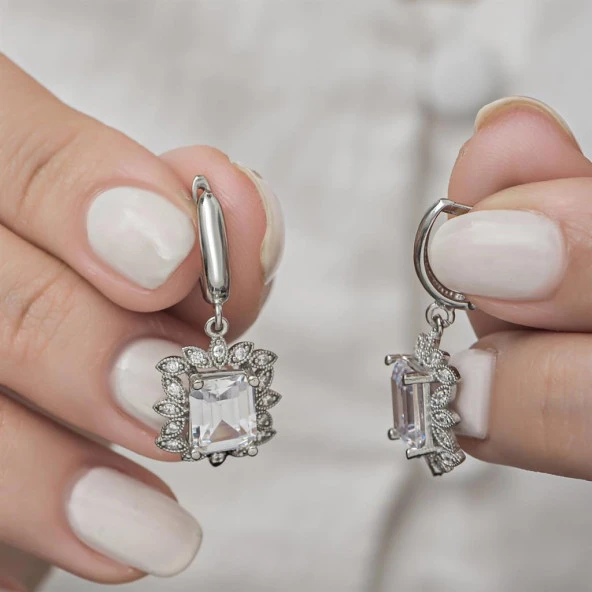 Zirkon Baget Taşlı 925 Sallantılı Gümüş Küpe - 9