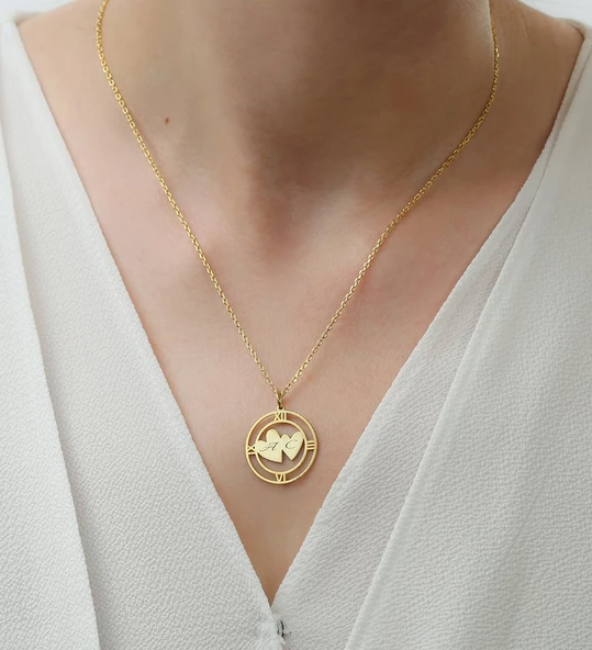 925 Ayar Gümüş Kişiye Özel Kalp Detaylı Harfli Saat Kolye - Resim 2