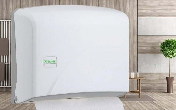 Vialli K1 Banyo Mutfak Lavabo Pratik Z Katlı Kağıt Havlu Dispenseri Kapasite 200 Kağıt Beyaz