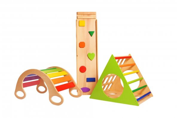 WoodnJoy Ahşap Üçgen Pikler ve Dönence Setimiz (3lü Set)