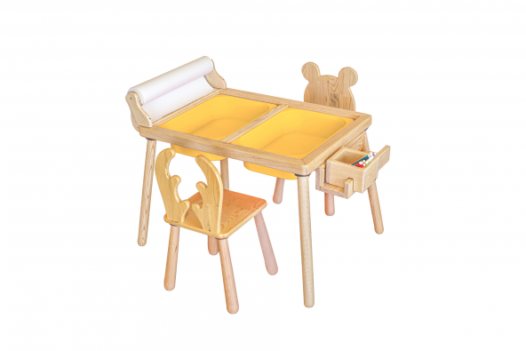 WoodnJoy Masif Ağaç Aktivite & Çalışma Masası + 2 Sandalye
