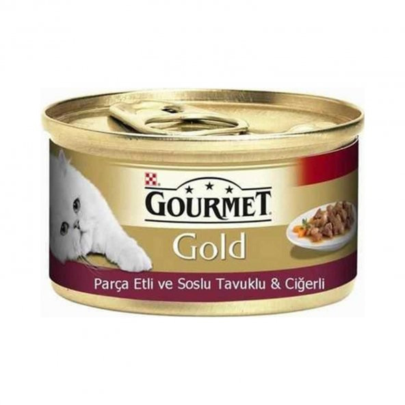 Gourmet Gold Parça Etli Soslu Tavuklu Ciğerli Yetişkin Kedi Konservesi 85GR