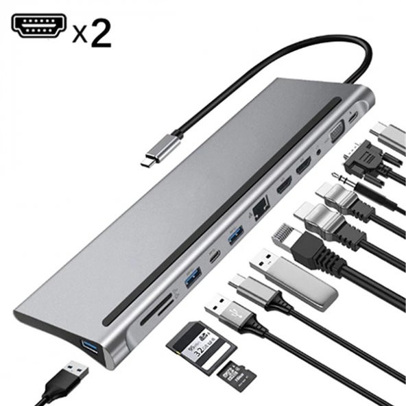 ALLY 12 İN1 USB 3.0 Type-C Notebook Hub (PD-Çift HDMI-VGA-RJ45-SD-USB*3) Adaptör Çoklayıcı