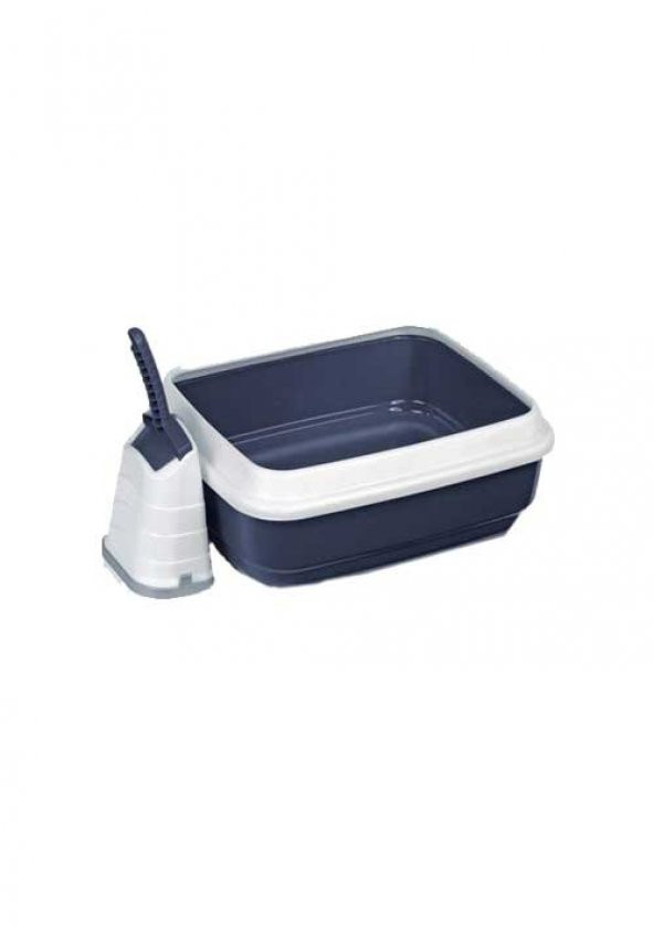 Imac Duo Açık Kedi Tuvalet Kabı Ve Kürek - Beyaz / Mavi