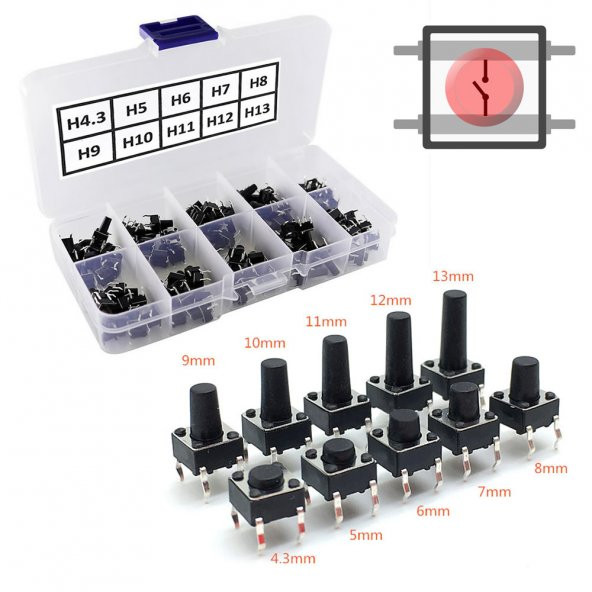 200 Adet 6x6mm Tact Buton Set 10 Farklı Yükseklikte 4 Pin Dokunmatik Anlık Basmalı Düğme Anahtar ürün görseli