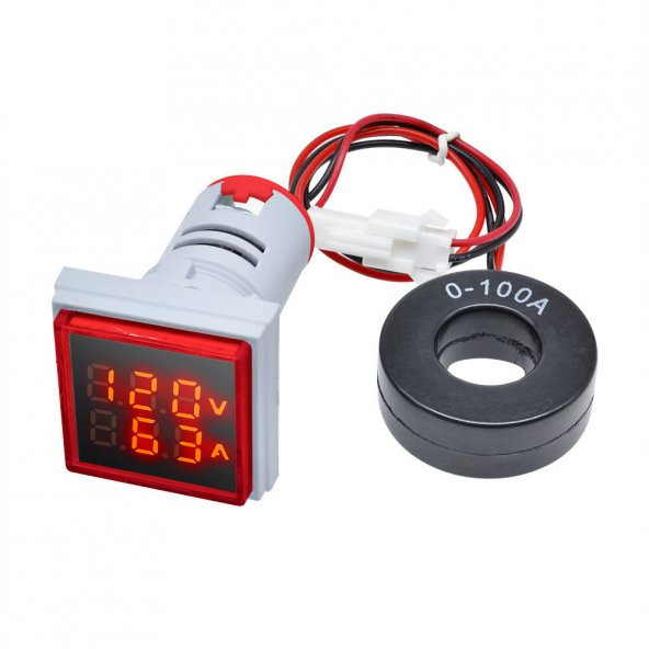AC 20-500V 100A Kare Dijital Voltmetre Ampermetre 220V Kırmızı