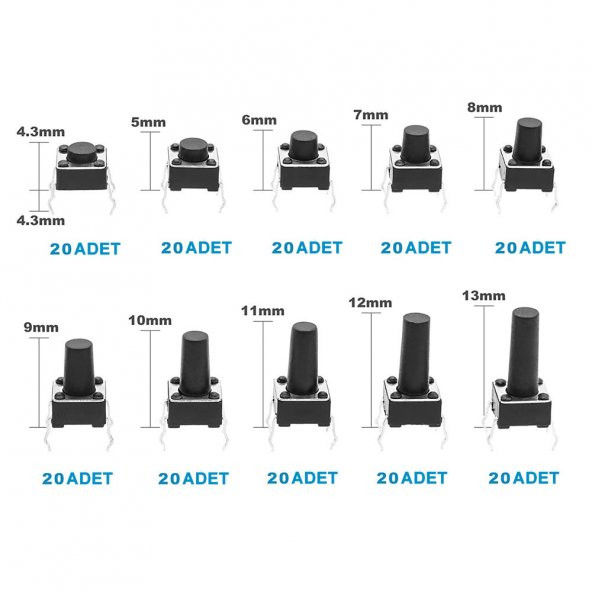 200 Adet 6x6mm Tact Buton Set 10 Farklı Yükseklikte 4 Pin Dokunmatik Anlık Basmalı Düğme Anahtar - 5