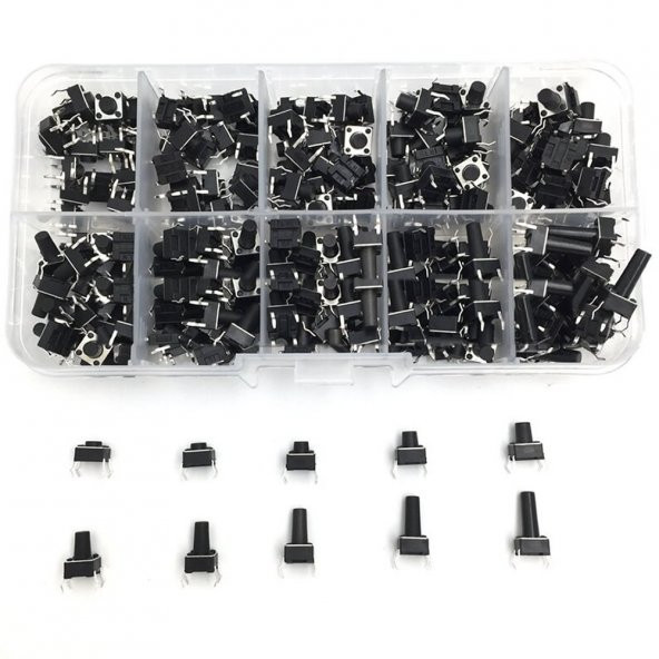 200 Adet 6x6mm Tact Buton Set 10 Farklı Yükseklikte 4 Pin Dokunmatik Anlık Basmalı Düğme Anahtar - 7