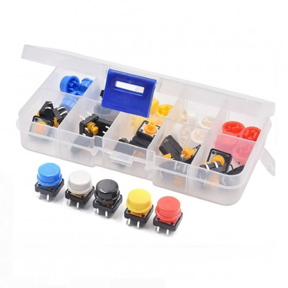 12x12mm Tact Buton Kapak Kutulu Set 25 Adet 5 Renk Anahtar Push