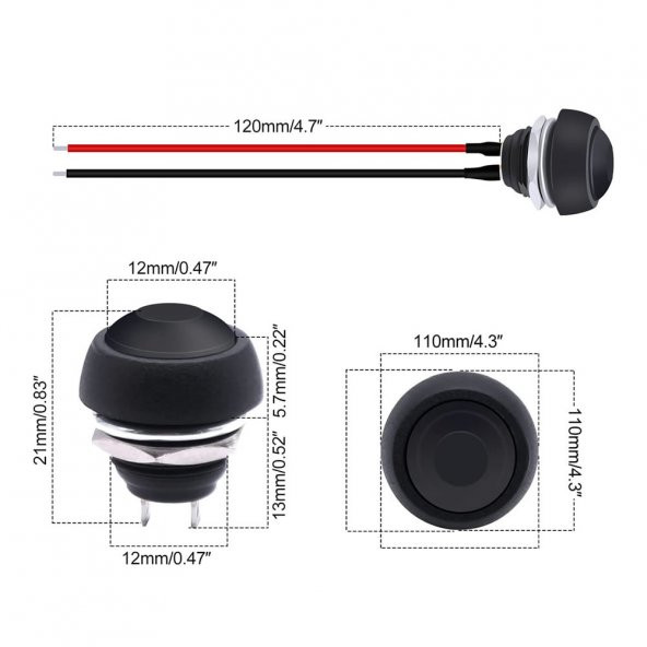 12mm PBS-33B 2 Pin Push Buton Siyah 20cm Kablolu ON OFF 1A 250V - Resim 8
