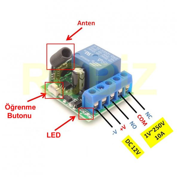 433Mhz RF 1 Kanal Röle Modül DC 12V Kablosuz Pompa Fan Lamba Perde - 5
