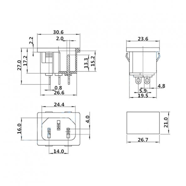 220V 15A AC Erkek Power Giriş Soketi C14 3 Pin Panel Montaj Tip - Resim 8