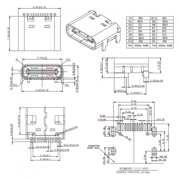 Type-C Usb Soket 16 Pin Smd USB 3.1 Cep Tel. Konnektör Şarj Dişi - 8