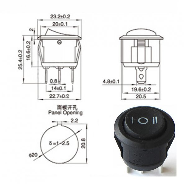 Yuvarlak 3 Pin Anahtar Rocker Switch Mini Buton Siyah 3 Durumlu - 7
